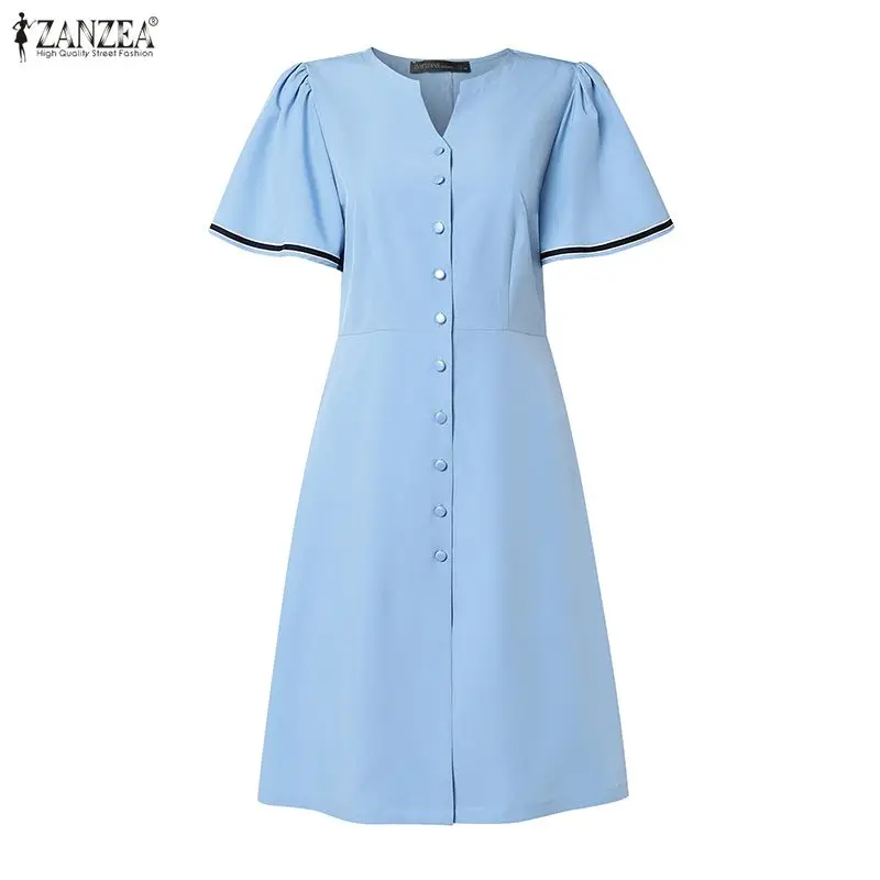 ZANZEA Vestido elegante hasta la rodilla para Mujer, cuello en V, ribete en contraste, manga corta, con botones, vestidos de corte A, Vestidos de trabajo de oficina para Mujer
