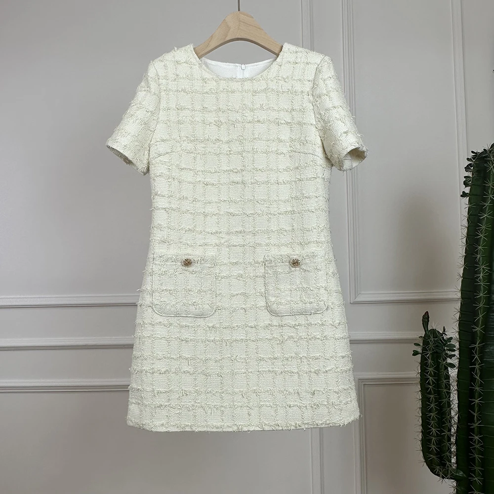 Ele OL Commute Lightweight Luxury Tweed Weave Dr French Sle ort Sve round Ne Polyester Fiber A-Line Skirt