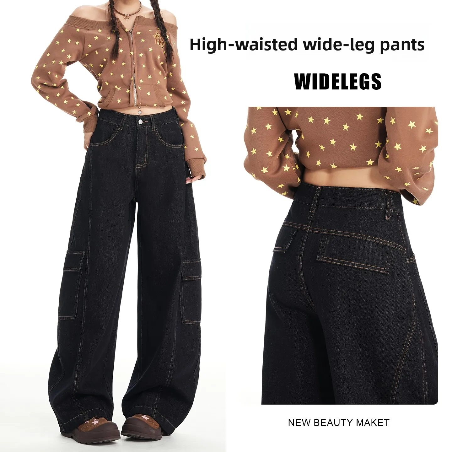 Damskie czarne jeansy z szerokimi nogawkami, wysoki stan, styl Y2K, wiosna 2026, amerykański vintage, casualowe spodnie cargo, luźny krój, długie spodnie damskie, Daza