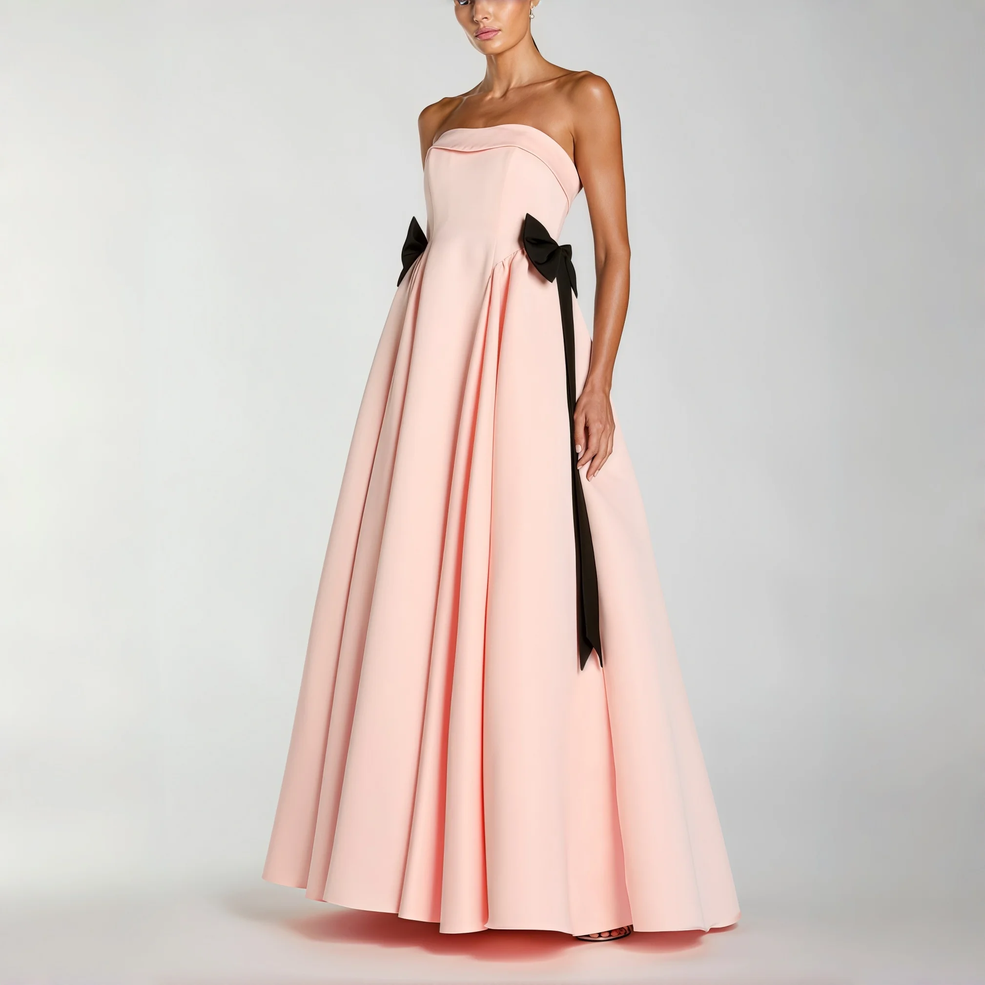 Blush Pink Strapless A-Line Ball Gown Black Waist Bow Accent Full Skirt Formal Evening Gala Wedding Guest Party Dress