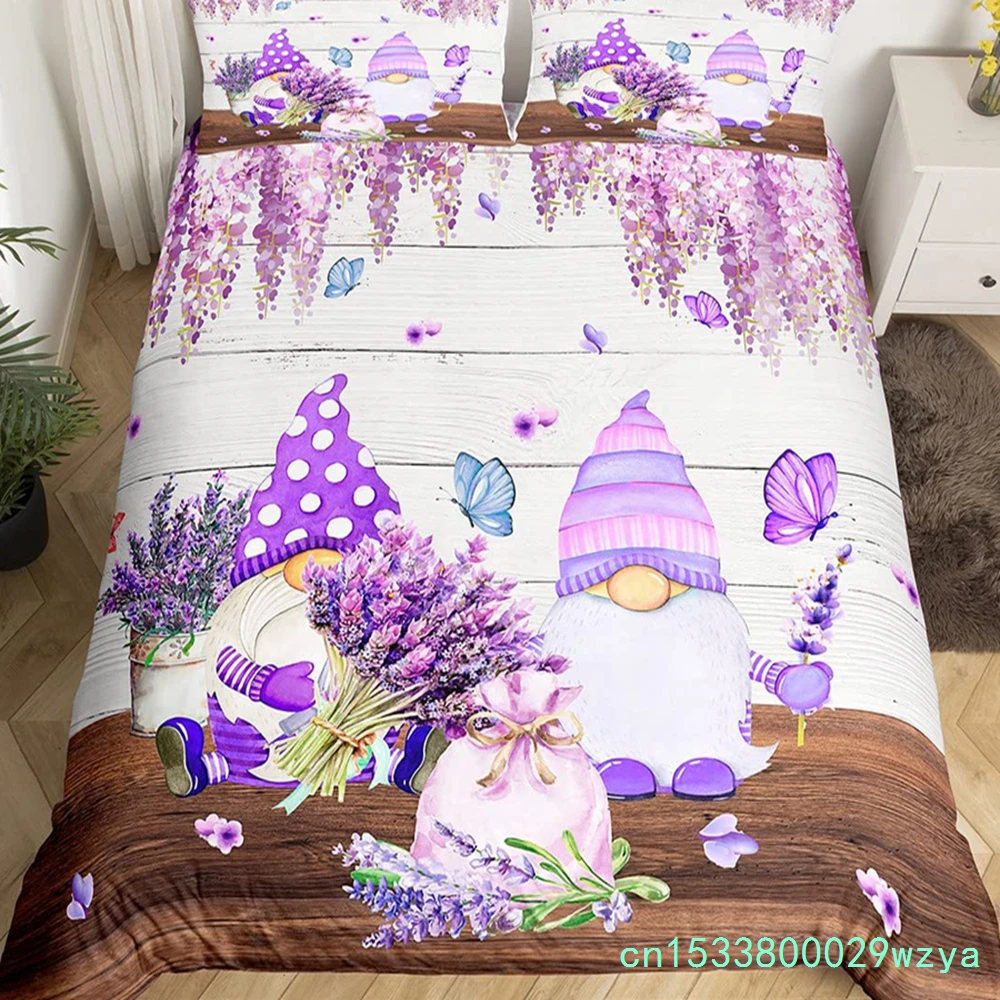 Purple Lavender Dwarf Duvet Cover King Queen Kawaii Cartoon Gnome Bedding Set Spring Flowers Comforter Cover Floral Quilt Cover