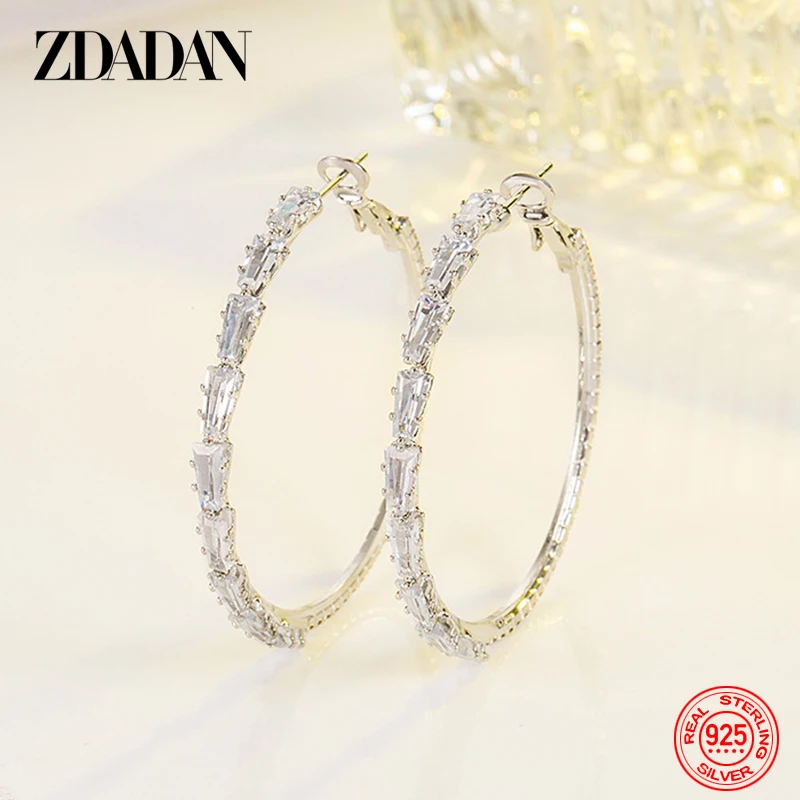 ZDADAN 925 Silver 45mm Big Zircon Hoop Earrings For Women Fashion Jewelry