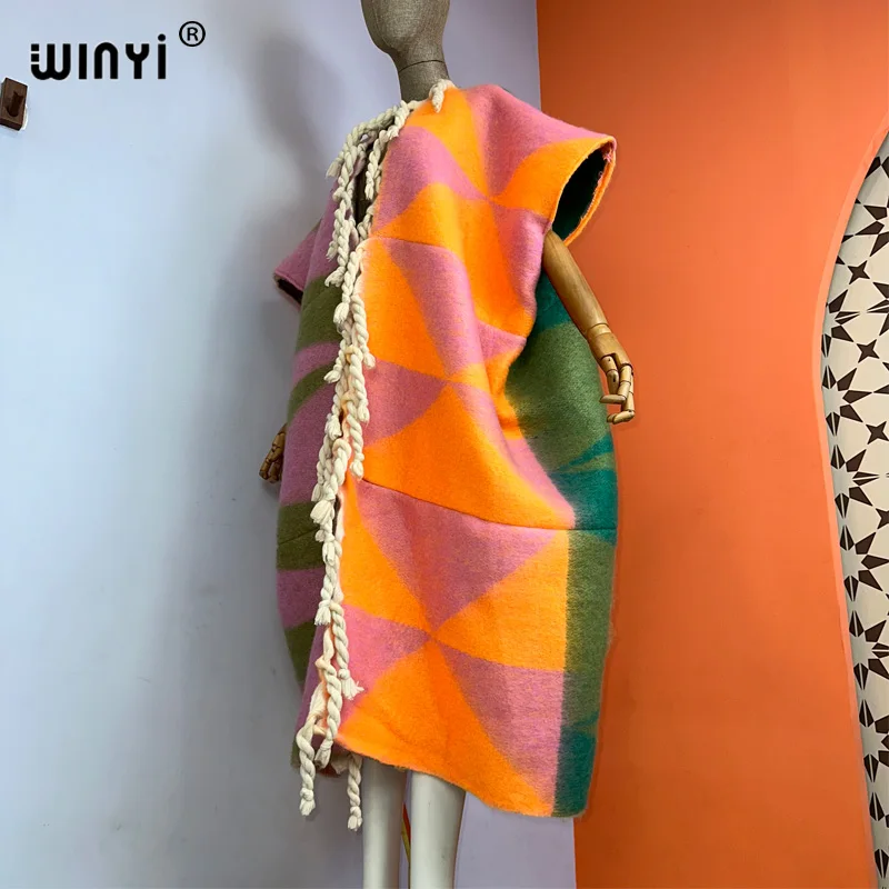 Winyi Wintermantel Kleid für Frauen Afrika Print Quasten Luxus langes Fell loser Mantel dicke warme lange Daunen mantel Mode Strickjacke