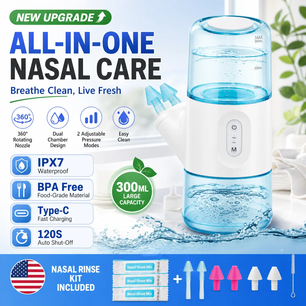 Electric Nasal Irrigator with 2 Modes 360° Rotating Nozzle, Dual-Tank Nose Wash Cleaner Machine, Rechargeable Sinus Rinse Device