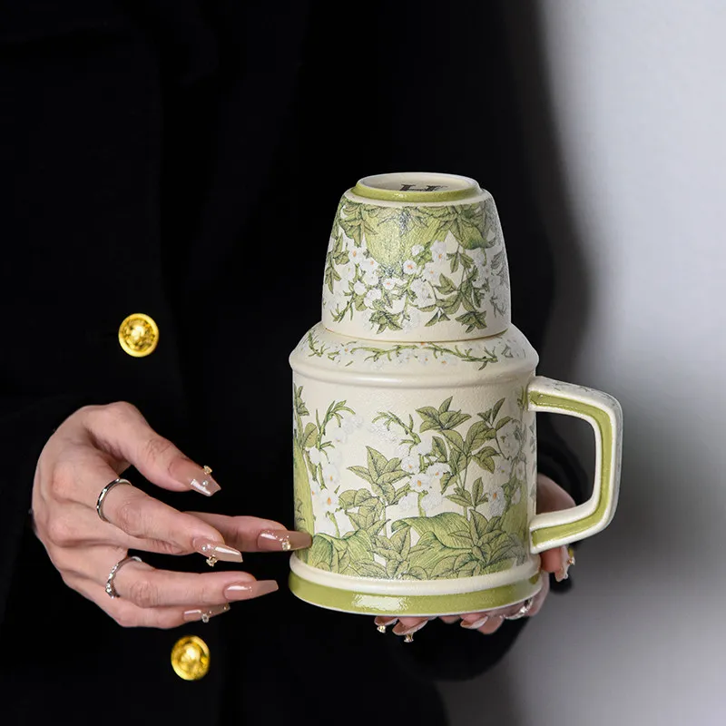 Vintage Kettle Style Ceramic Mug with Lid Bluebell Floral Pattern Household Afternoon Tea Water Cup Office Tea Drinking