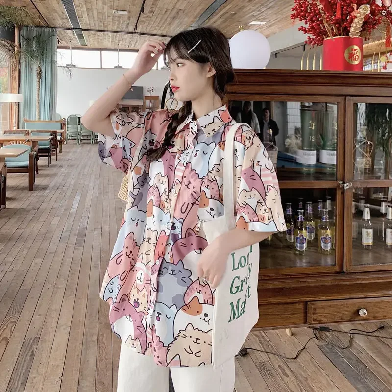 TPJB New Kawaii Button Up Shirt Animal Cat Print Blouse Women Japan Style Summer Hawaii Graphic Cardigan Casual Cute Tops