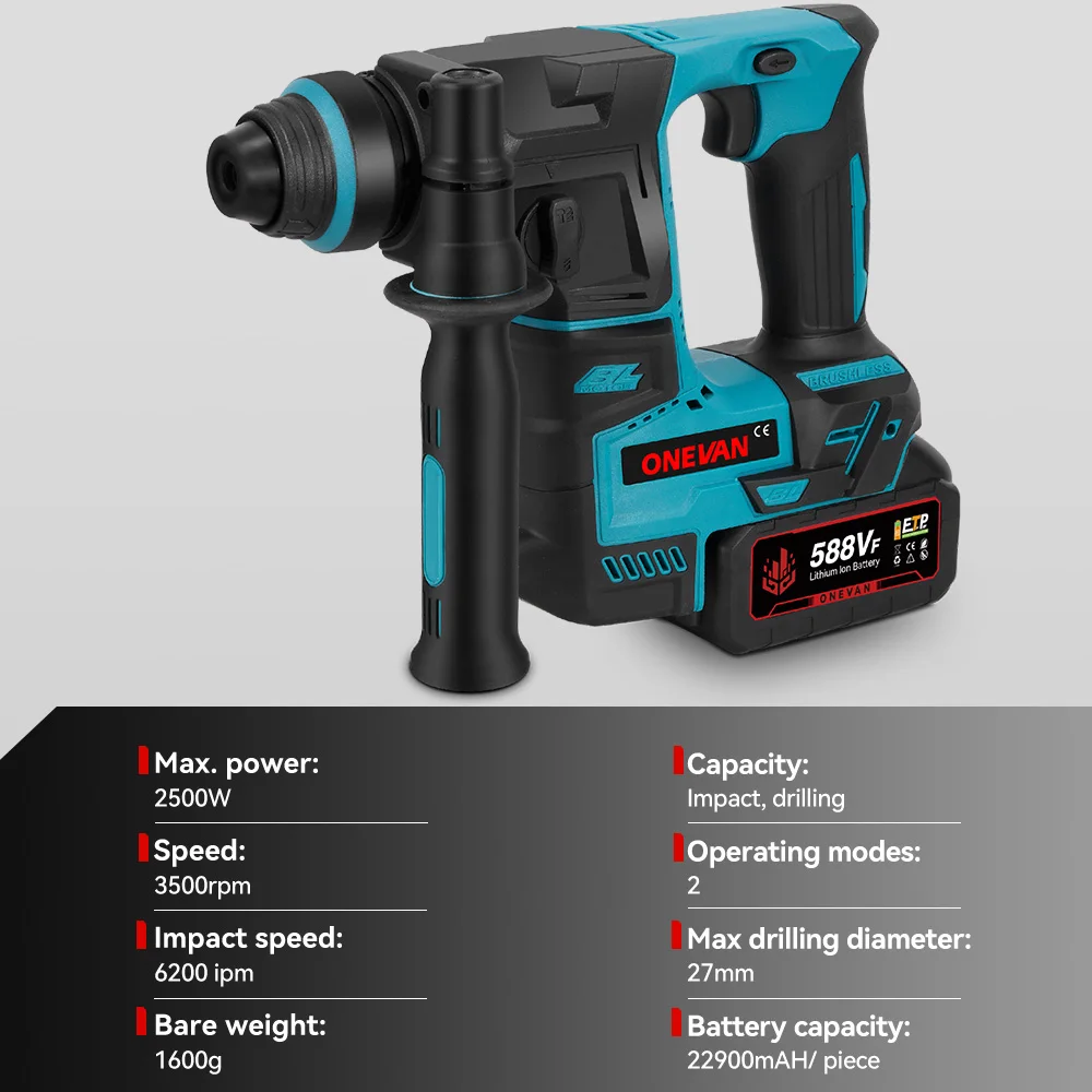 ONEVAN 2500 واط مطرقة كهربائية بدون فرشاة لاسلكية محمولة تأثير الحفر أداة كهربائية متعددة الوظائف لبطارية ماكيتا 18 فولت