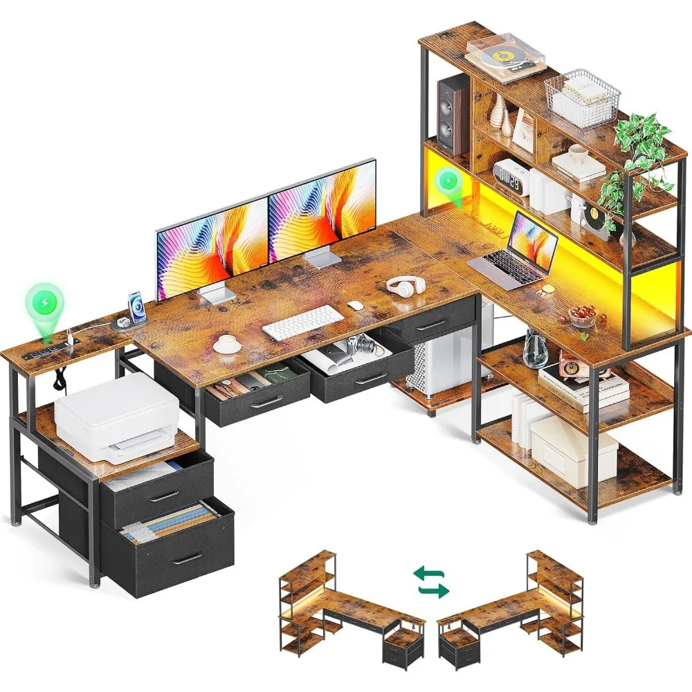 

79 Inch L Shaped Desk with File Drawers, Reversible L Shaped Gaming Desk with Power Outlets & LED Lights, Computer Desk