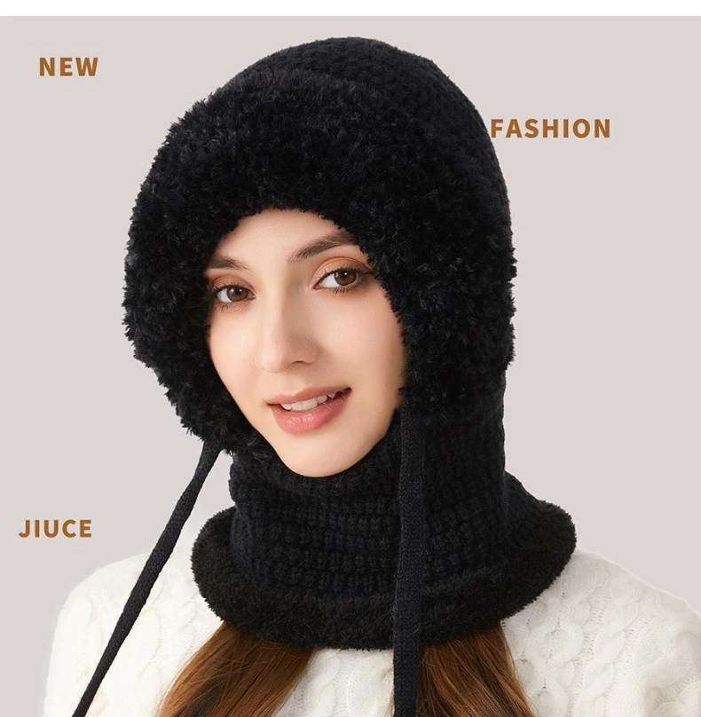 Big Head Fit One-piece Hat Women Winter Padded Thickened Face Covering Knitted Hat Neck Mask Warm Large Size Soft