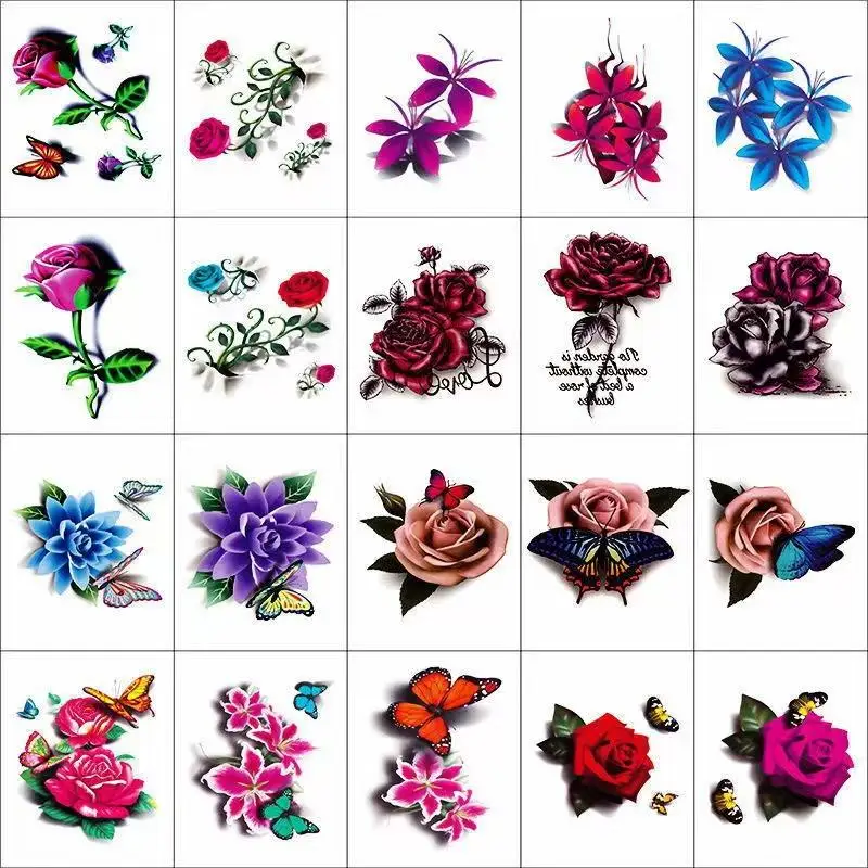 Autocollants de tatouage de fleurs pour femmes, 20 pièces, tatouages temporaires imperméables, fleur noire, Rose, Lotus, papillon, faux tatouage pour filles