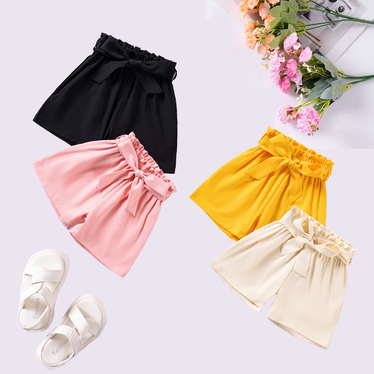 Two-Piece Combination Solid Color Bow Belt Shorts Korean Fashion Multi-Piece Set Toddler Girls Casual Shorts