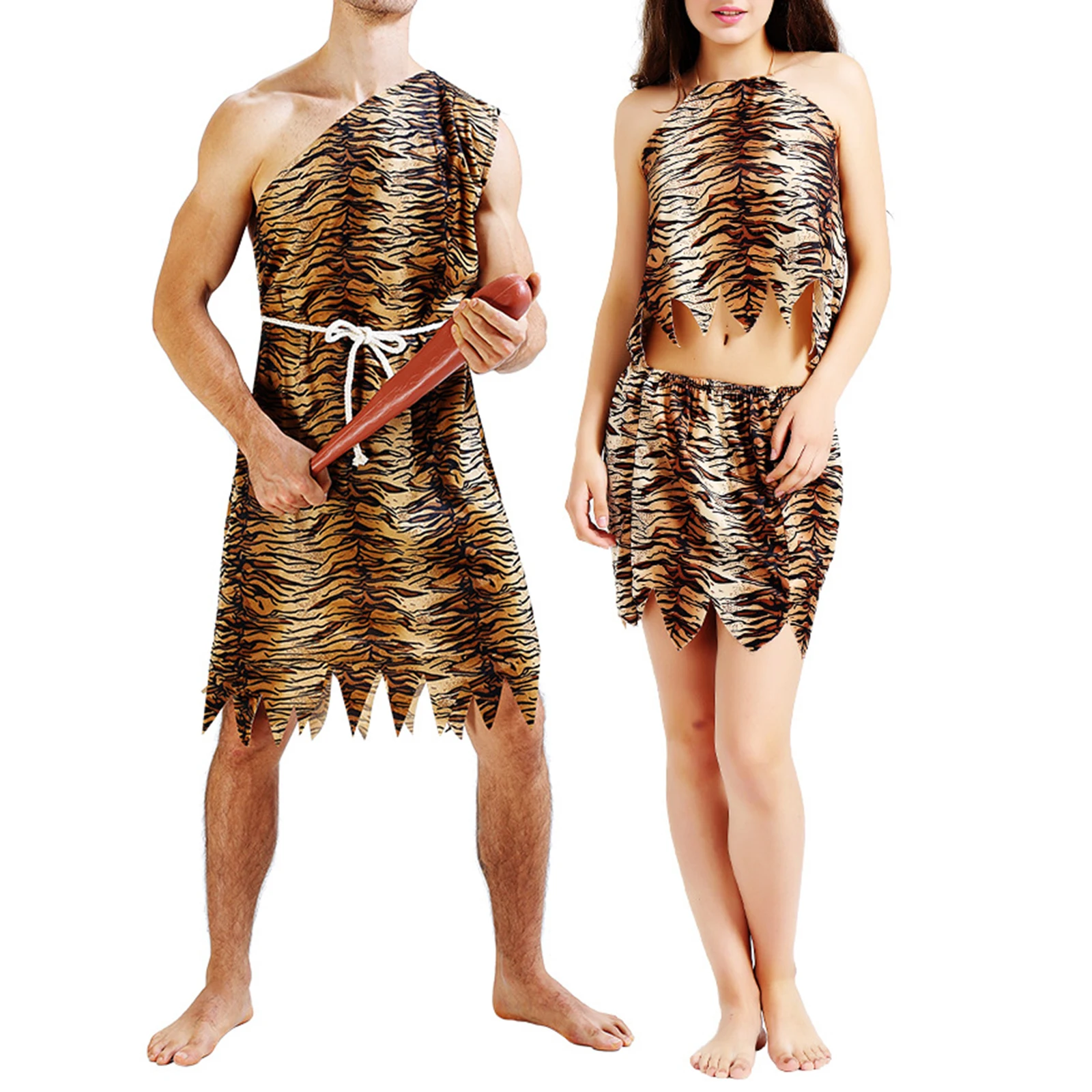 Combhasaki Adult Unisex Halloween Caveman Costume for Women/Men Leopard Print Costume Jumpsuit with Belt/Tops and Skirt