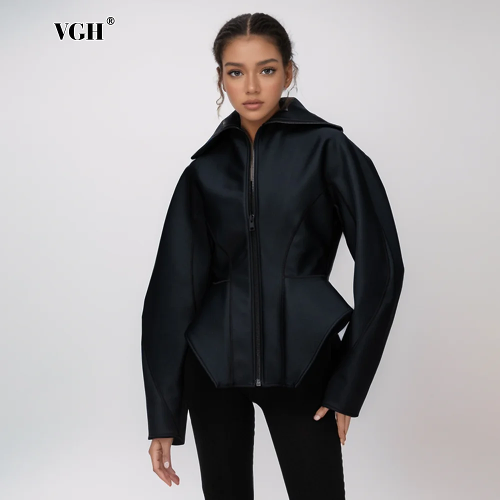 VGH Solid Minimalist Tunic Jackets For Women Lapel Long Sleeve Streetwear Spliced Zipper Slimming Coats Female Fashion Style New
