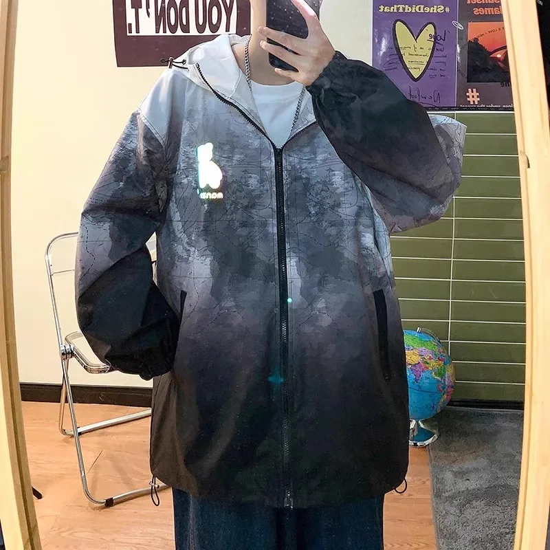 

Свободный крой, цветная куртка с капюшоном, повседневная верхняя одежда большого размера, осень-зима, молодежное модное брендовое пальто в американском стиле ретро