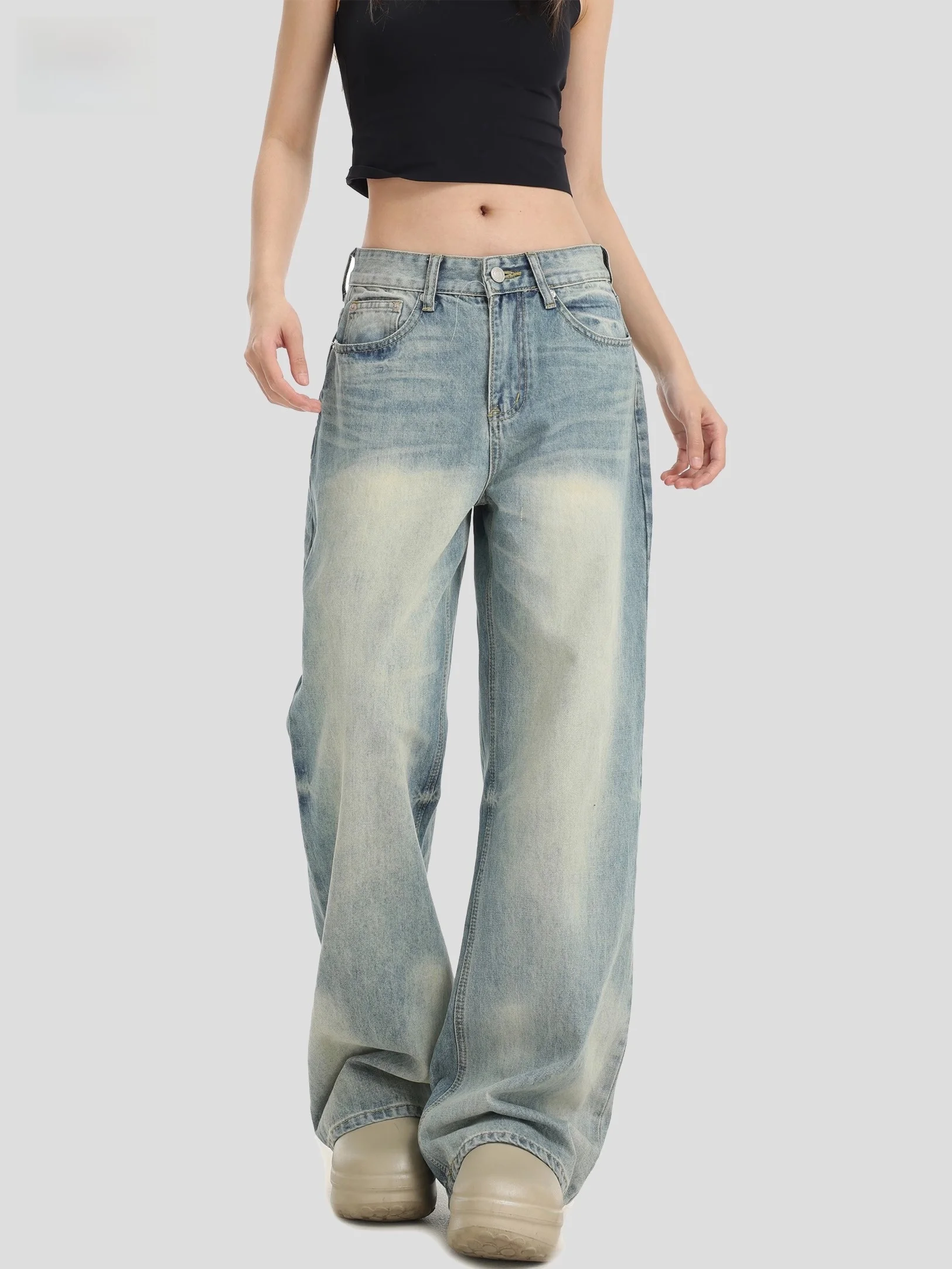 

INSstudios Retro American Washed Gradient Jeans Loose Straight Leg Trousers for Men And Women Casual Youth Fashion Cotton Pol...