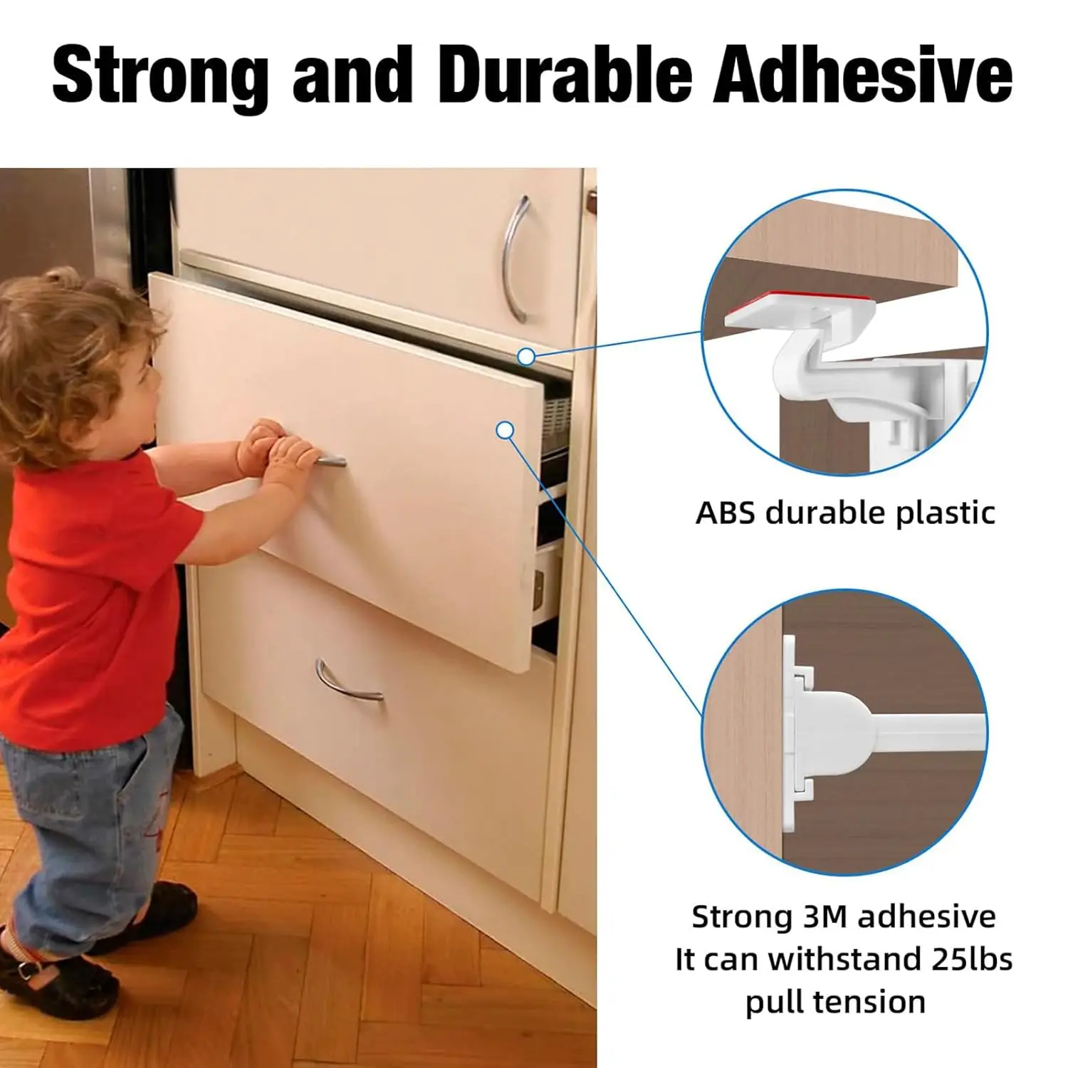 Invisible Baby Cabinet Latch Locks, No Drilling Strong Adhesive Child Safety Locks for Cabinets Drawers with Countertop Overhang