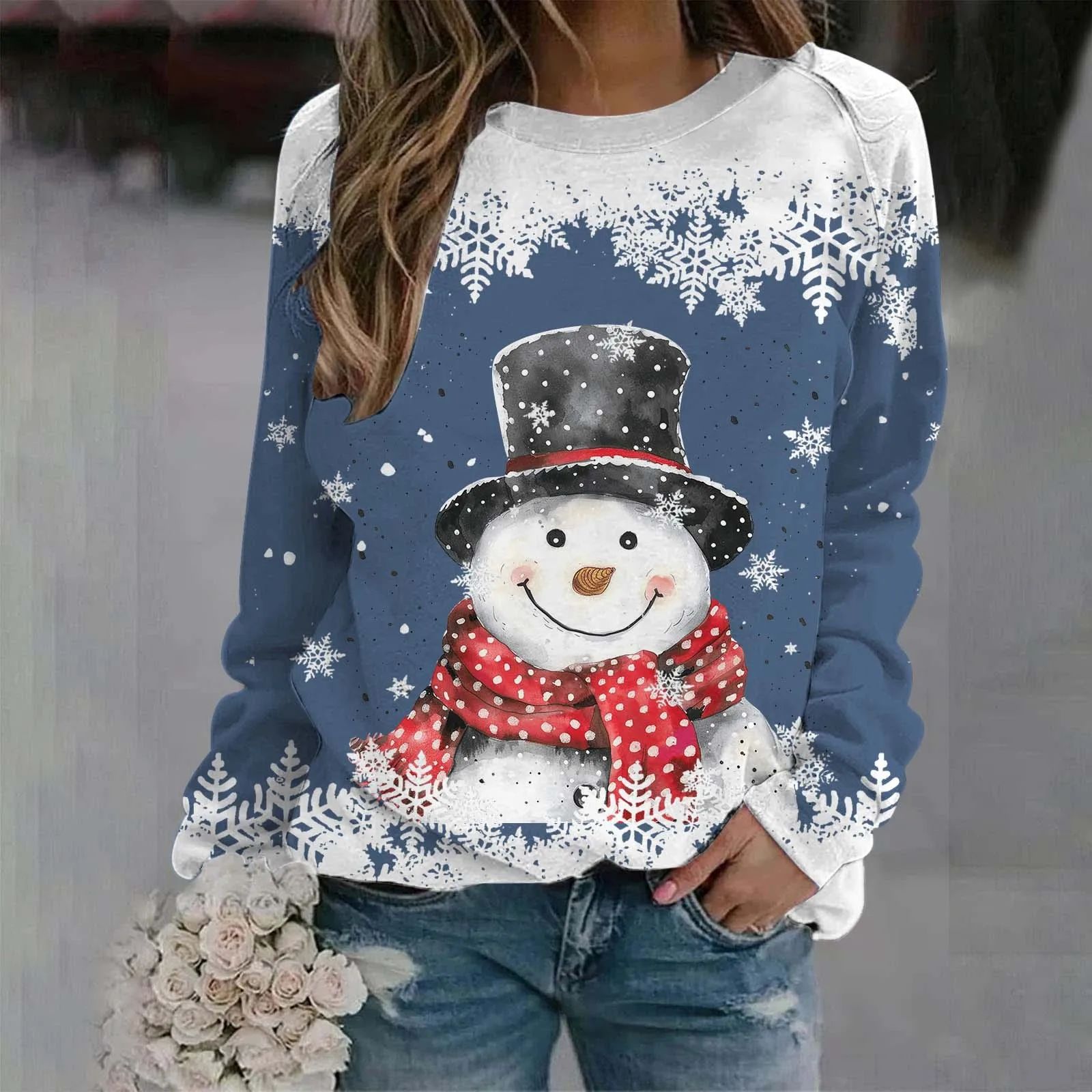 Christmas Casual Party Clothing Snowflake And Snowman Pattern Printed Women's Long Sleeved Top 2024 Autumn O-neck Sweatshirt