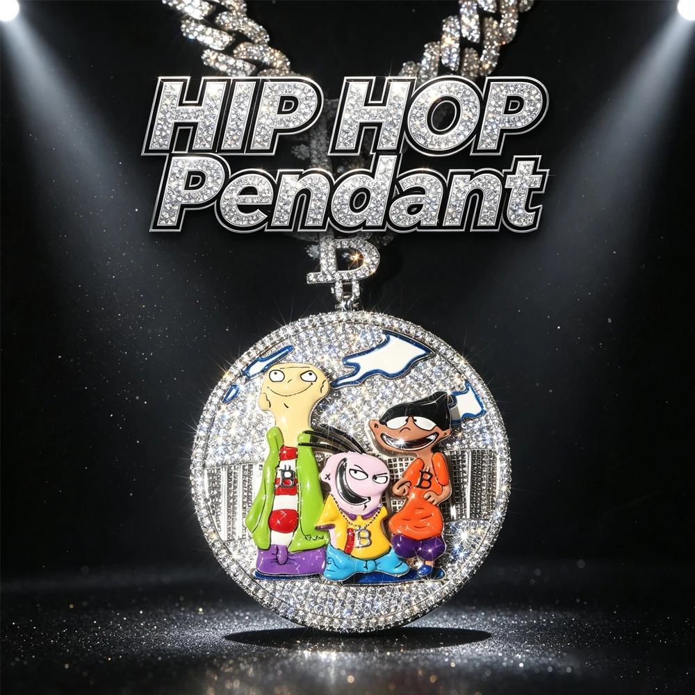 Iced Out Cartoon Character Round Pendant Cubic Zirconia 18K Gold Plated Cuban Chain Hip Hop Enamel Cartoon Charm Bling Rapper Streetwear Jewelry For Men  Statement Necklace Club Party Fine Jewelry Gifts for Men Boy Friends CZ Covered with Diamonds