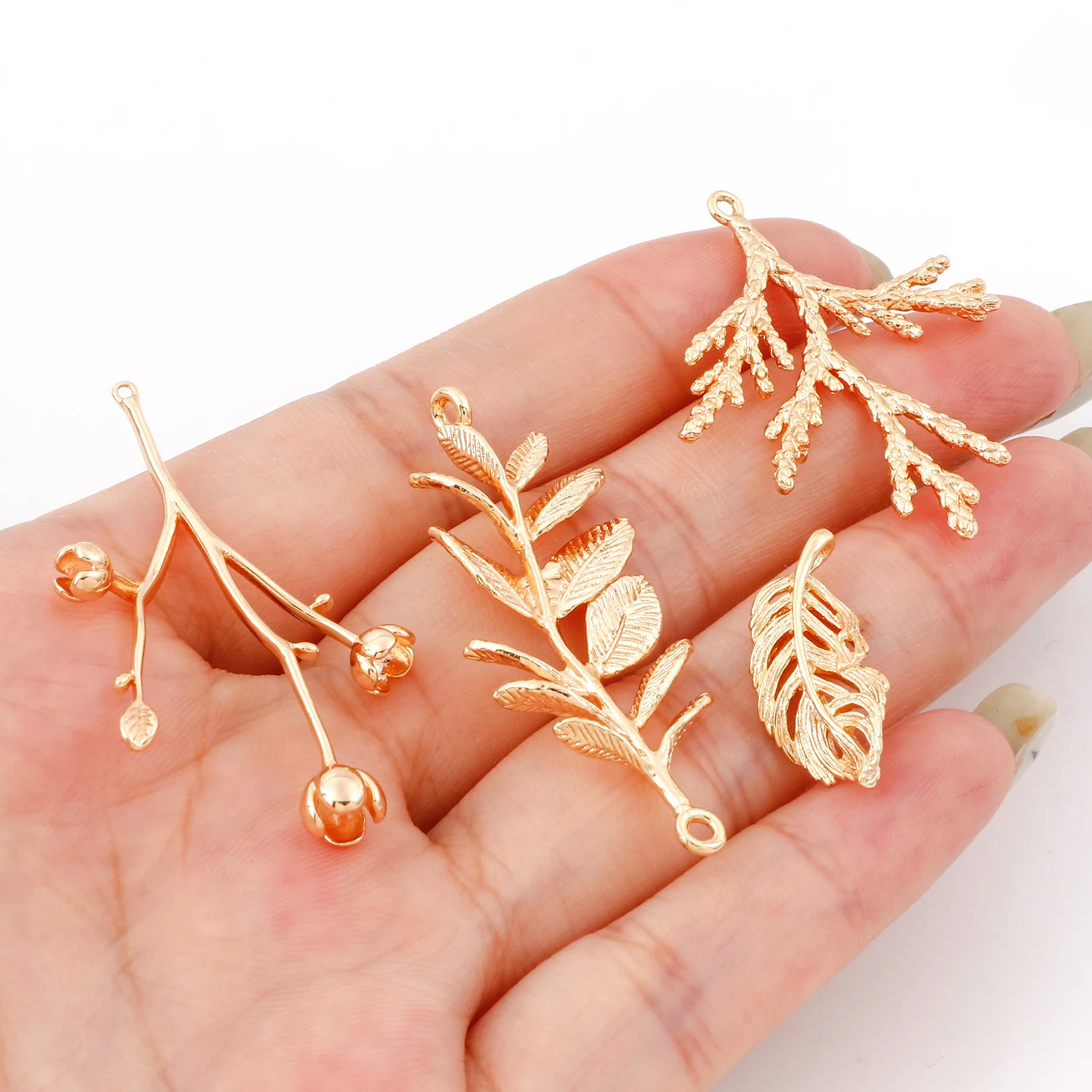 2PCs Gold Color Copper Leaf Branch Charms Flower Feather Pine Branch Pendants Connector For Jewelry Making Diy Earring Supplies