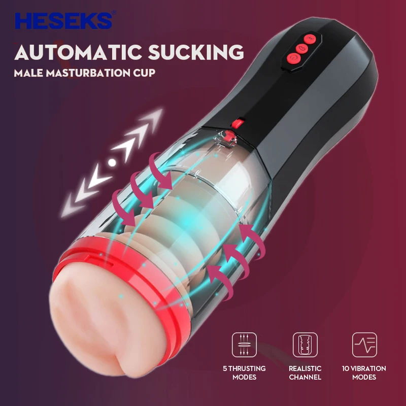 HESEKS Lifelike Automatic Sucking Male Masturbation Cup Inner Telescopic Vibrator Male Masturb Vaginas For Men Sex Toy