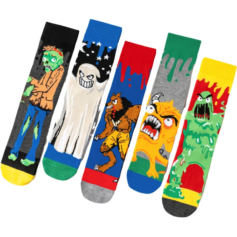Cute Cartoon Monster Patterned Adult Knitted Mid-calf Socks Playful Color Contrast Trendy Fashion Socks Wholesale