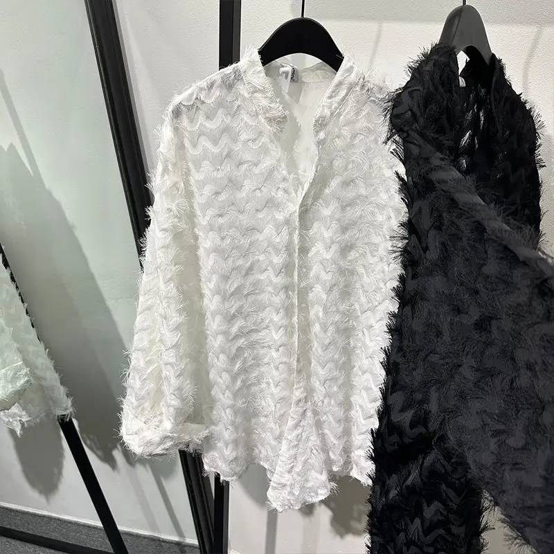 Dark Fashion Feather Hollow-out Loose Long-Sleeved Shirt Casual Trend Frayed Temperament High-Grade Top