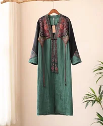 NEW Spring women's coat Chinese style embroidery V-neck ladies long coat Vintage luxury rayon jacquard green trench coat