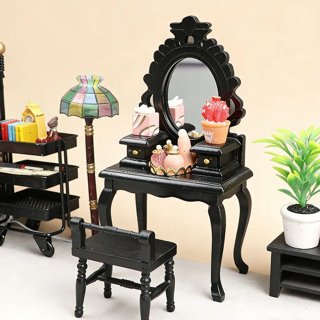 

1:12 Dollhouse Wooden Miniature Vanity Set - Retro Bedroom Scene Furniture Model, Black Dresser & Chair for Dollhouse Decor