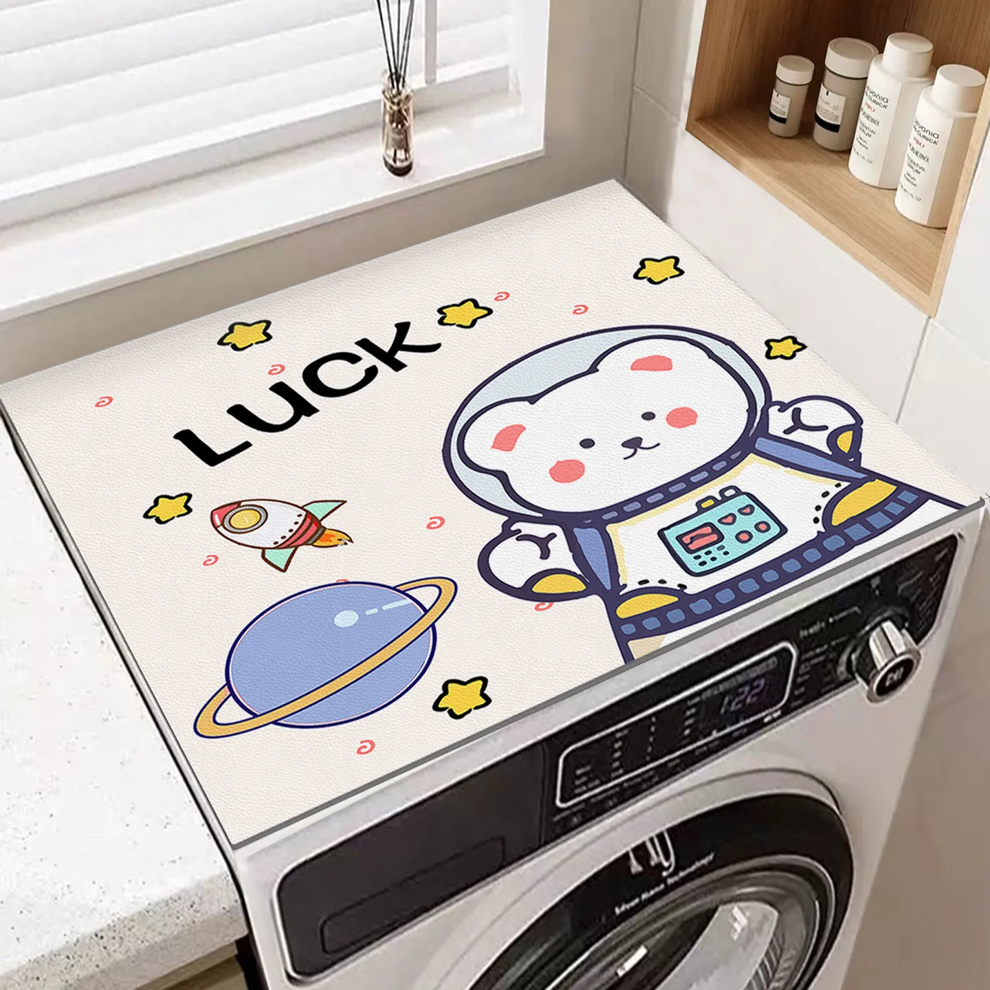 VIKAMA Space Astronaut Bear Washing Machine Top Mat Planet Star Lucky Letter Print Waterproof Anti Dust Dryer Cover Pad Dust