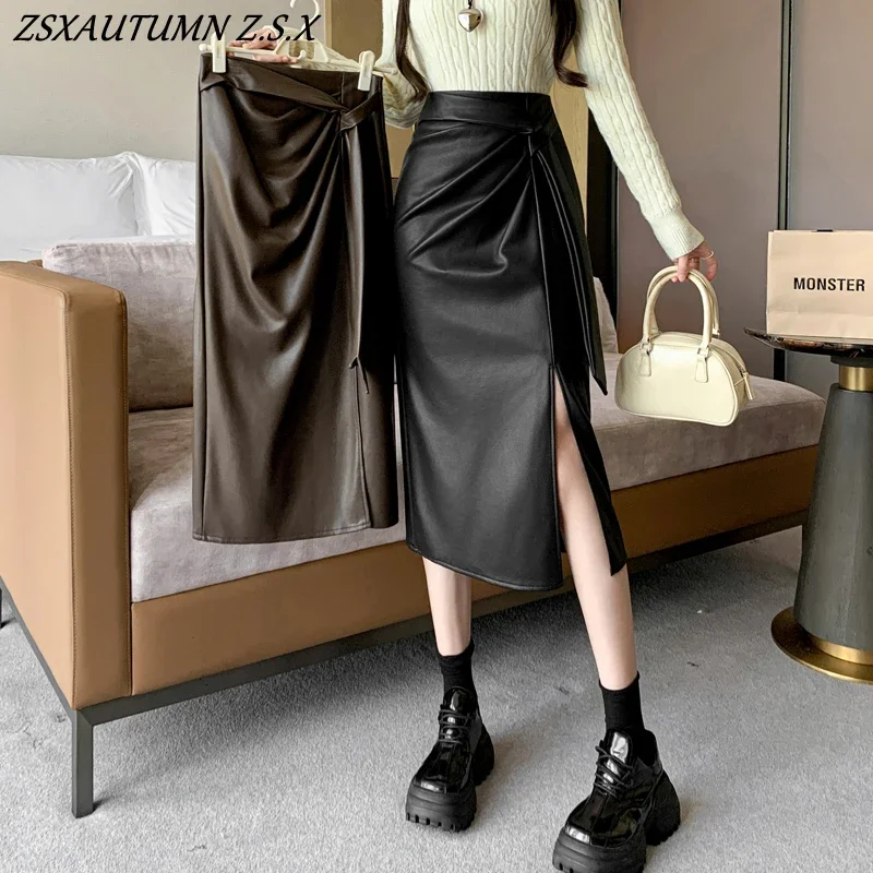 Lace-up Irregular PU Leather Skirt Women Autumn Winter New High-waisted Mid-length Skirt Femme Korean Fashion Clothing