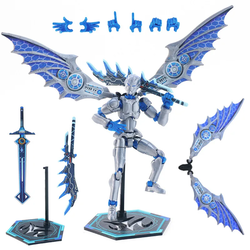 Blue Mechanical Devil Action Figure 3d Printed Multi-Jointed Movable Robot Dummy With Wings & Stand DIY Posable Model Collection