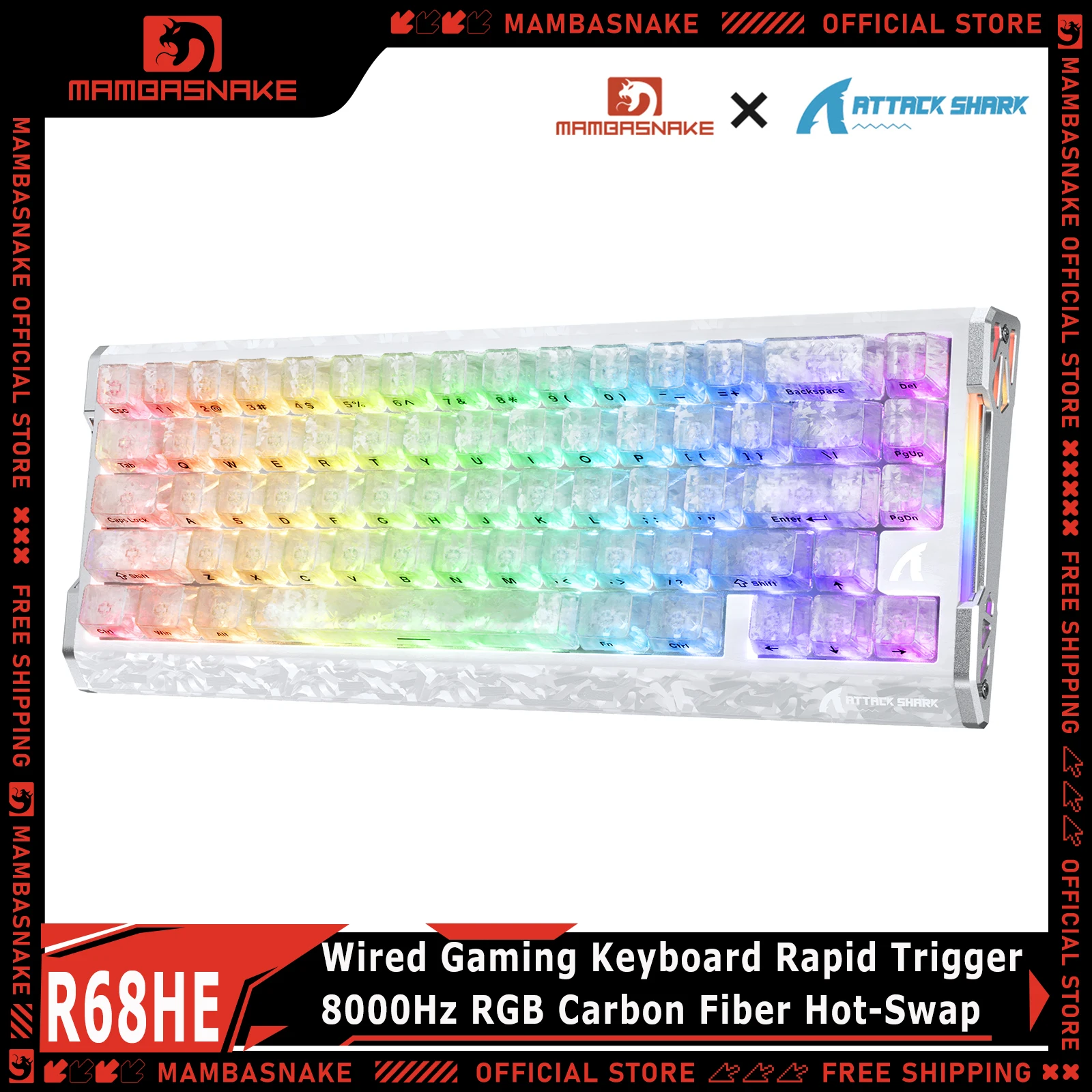 ATTACK SHARK R68HE 60% Wired Magnetic Switch Gaming Keyboard 0.005mm Rapid Trigger 8000Hz RGB Carbon Fiber 0.08ms Latency