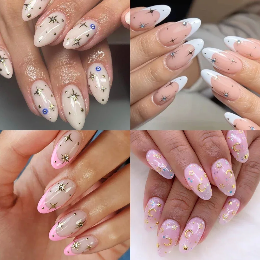 

10Pcs Acrylic Hand Painted Star French Press On Nail Art Colored Nude Almond Portable Short Nails Girls Handmade Work Fake Nails