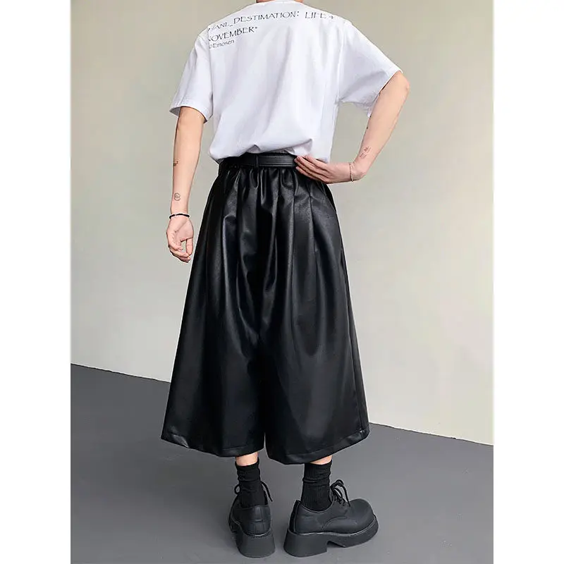 الرجال بولي Leather الجلود واسعة الساق تنورة السراويل الشارع الشهير موضة الشرير القوطية فضفاضة عادية العجل طول سراويلي حريمي النساء السراويل