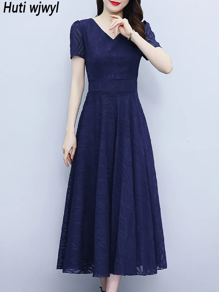 2024 블루 쉬폰 반팔 브이넥 미디 원피스, 빈티지, 우아함, 시크한 무도회 원피스, 여성 패션, 바디콘 파티, 나이트 원피스, 여름