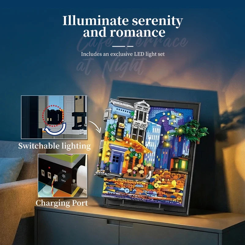 

Набор строительных блоков «Кафе на звездном небе» (2678 деталей) с LED-подсветкой, идеален для декора дома, настенного украшения, праздничных подарков для взрослых