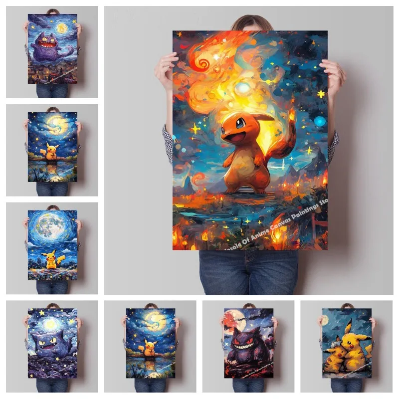 Anime Pokemon Starry Sky Canvas Painting Poster and Printed Watercolor Art Pictures Home Decor Kids Room Kids Gifts