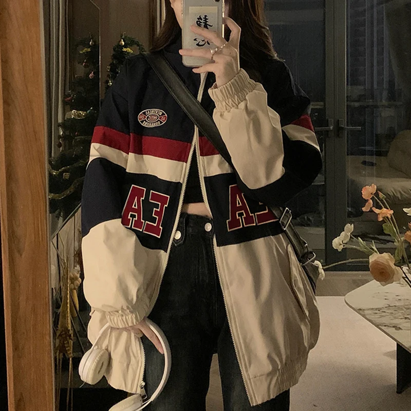 Women Oversize Jacket American Retro Casual High Street Loose Baseball Uniform Female Autumn Winter Letter Patchwork Outwear