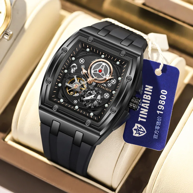 

Men’s *Tonneau Skeleton Tourbillon Mechanical Watch, Waterproof, Automatic, Fashion Wristwatch