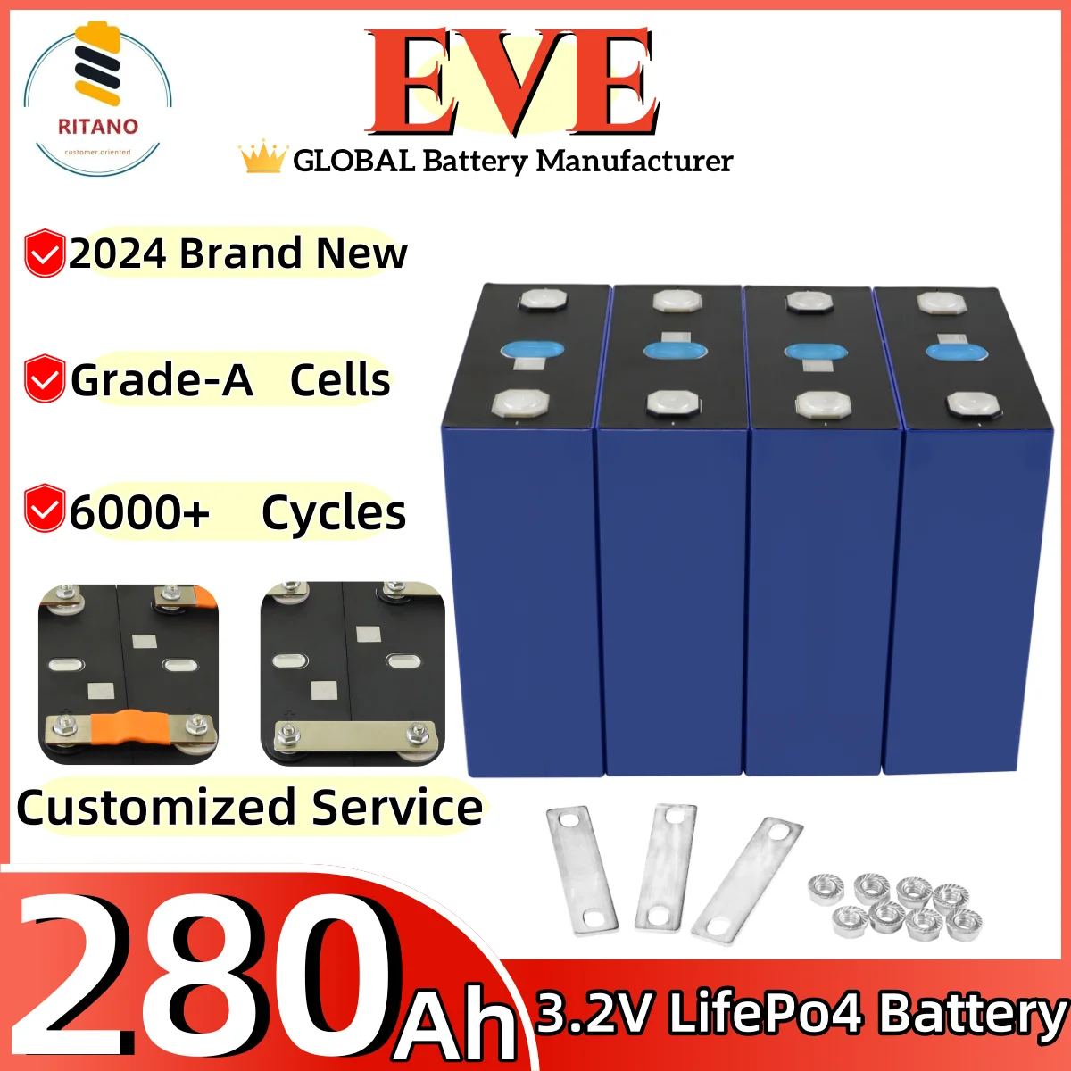 

Original EVE 3.2V 280AH 304ah LF280K Grade A lithium ion batteries AKKU Cells For Solar Power System Lifepo4 280ah Battery