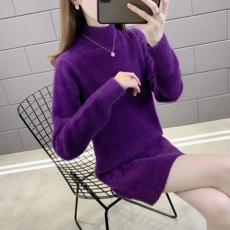 Średniej długości sweter z kaszmiru z norek damski wąski sweter z dzianiny jesienno-zimowa jednokolorowa półgolf z długim rękawem topy damskie