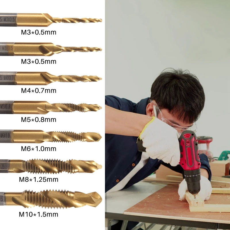 7Pcs 1/4Inch Hex Shank Titanium Combination Drill And Tap Set Metric Thread HSS M3-M10 Screw Tapping Bit Tool