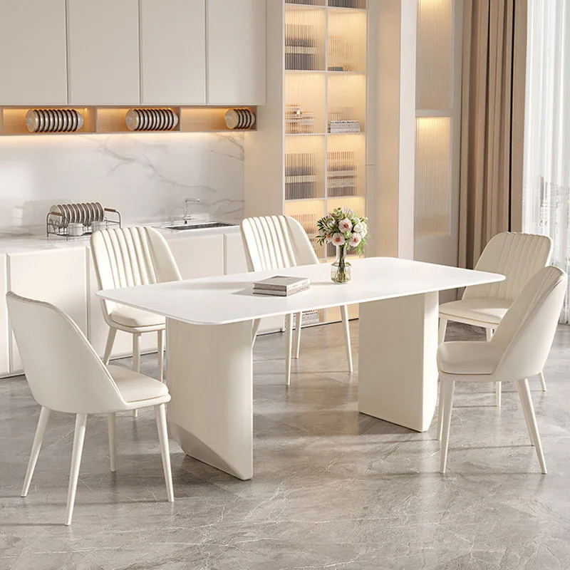Nordic rock slab dining table and chair group, simple cream style rectangular table and chairs, white home restaurant