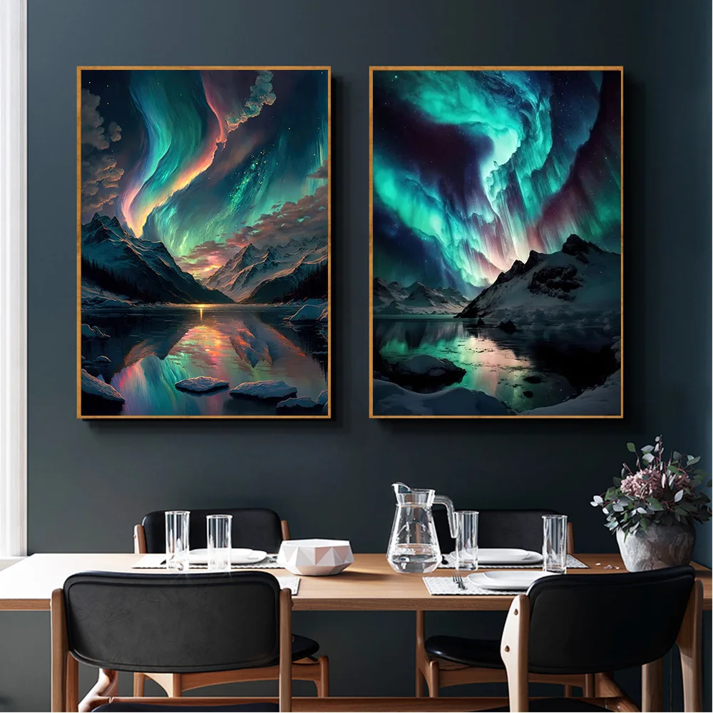 Pintura en lienzo sin marco, paisaje de aurora colorido, paisaje místico del Ártico, arte de pared, pintura en lienzo, póster impreso para Livi, 1 ud.