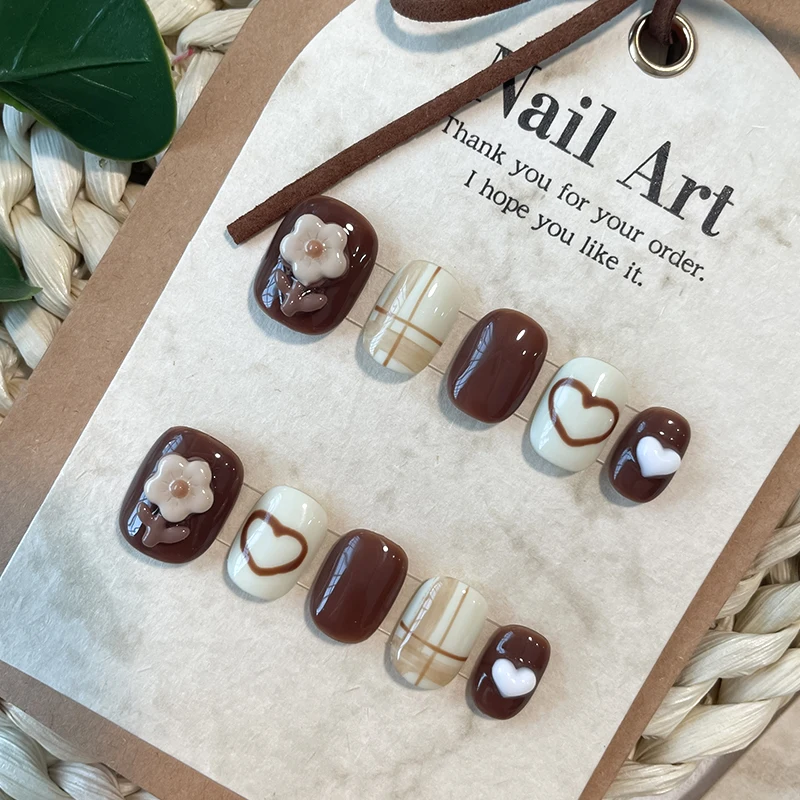 10pcs Autumn and Winter Handmade Press on Nails Brown Color 3D Small Flower Heart Cute Daily Short Detachable Fake Nail Stickers