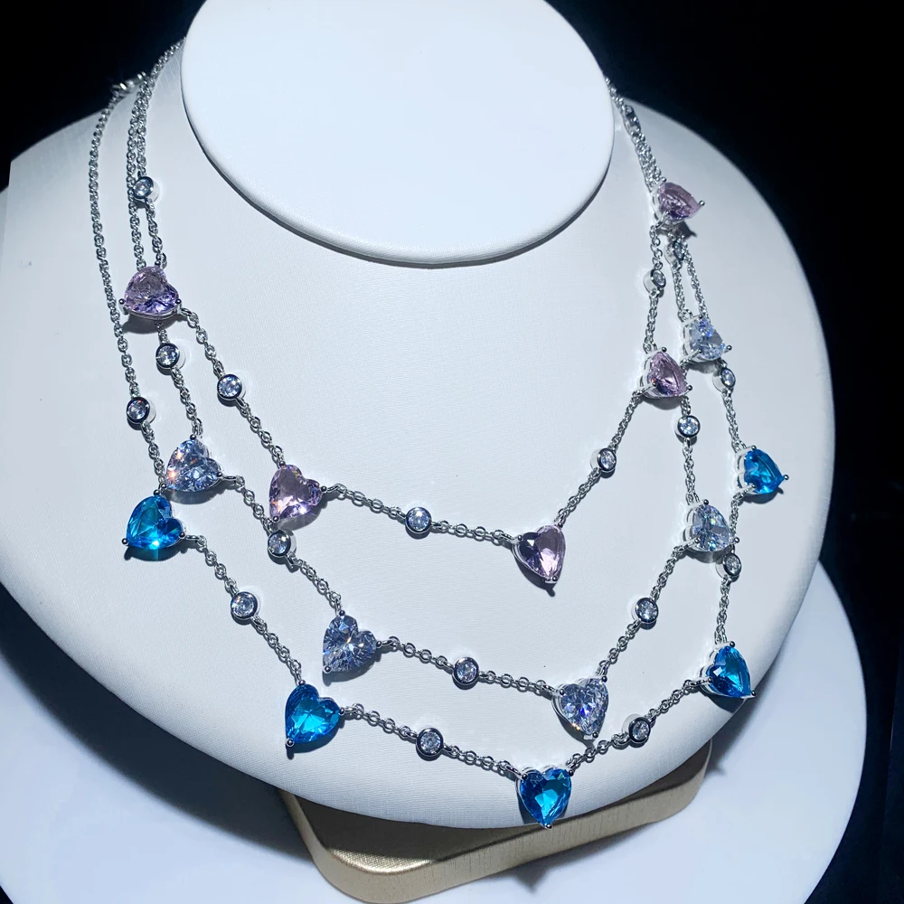 Sparking Cz Heart Shaped Stone Birthstone Full Paved Colorful Cubic Zirconia Fashion Women Jewelry Charm Choker Necklace