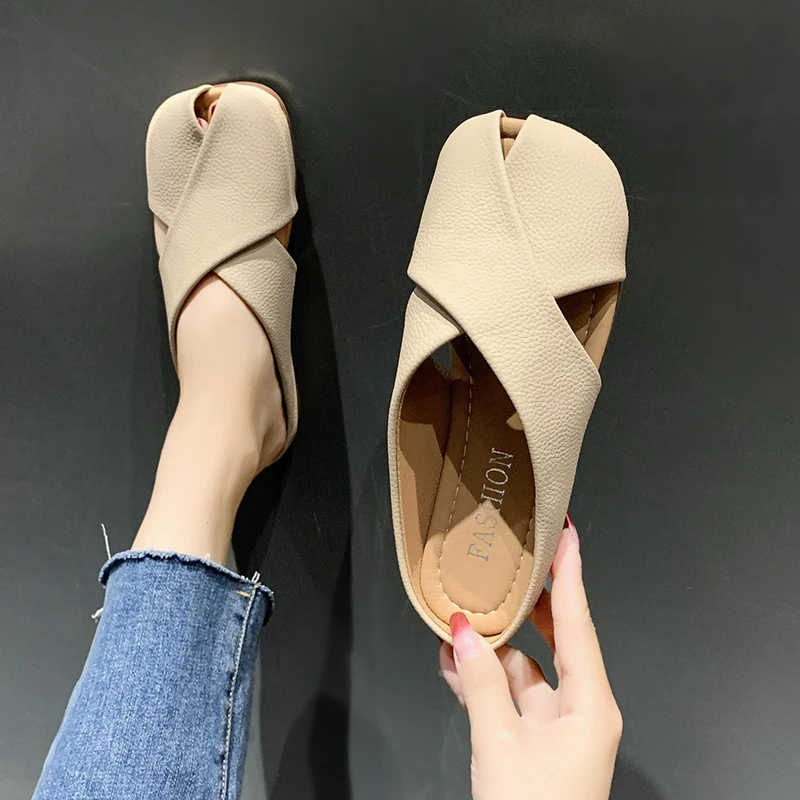 New Leather Slippers Women Spring Summer Mules Shoes Square Toe Flat Sandals Casual Shoes Zapatos De Mujer