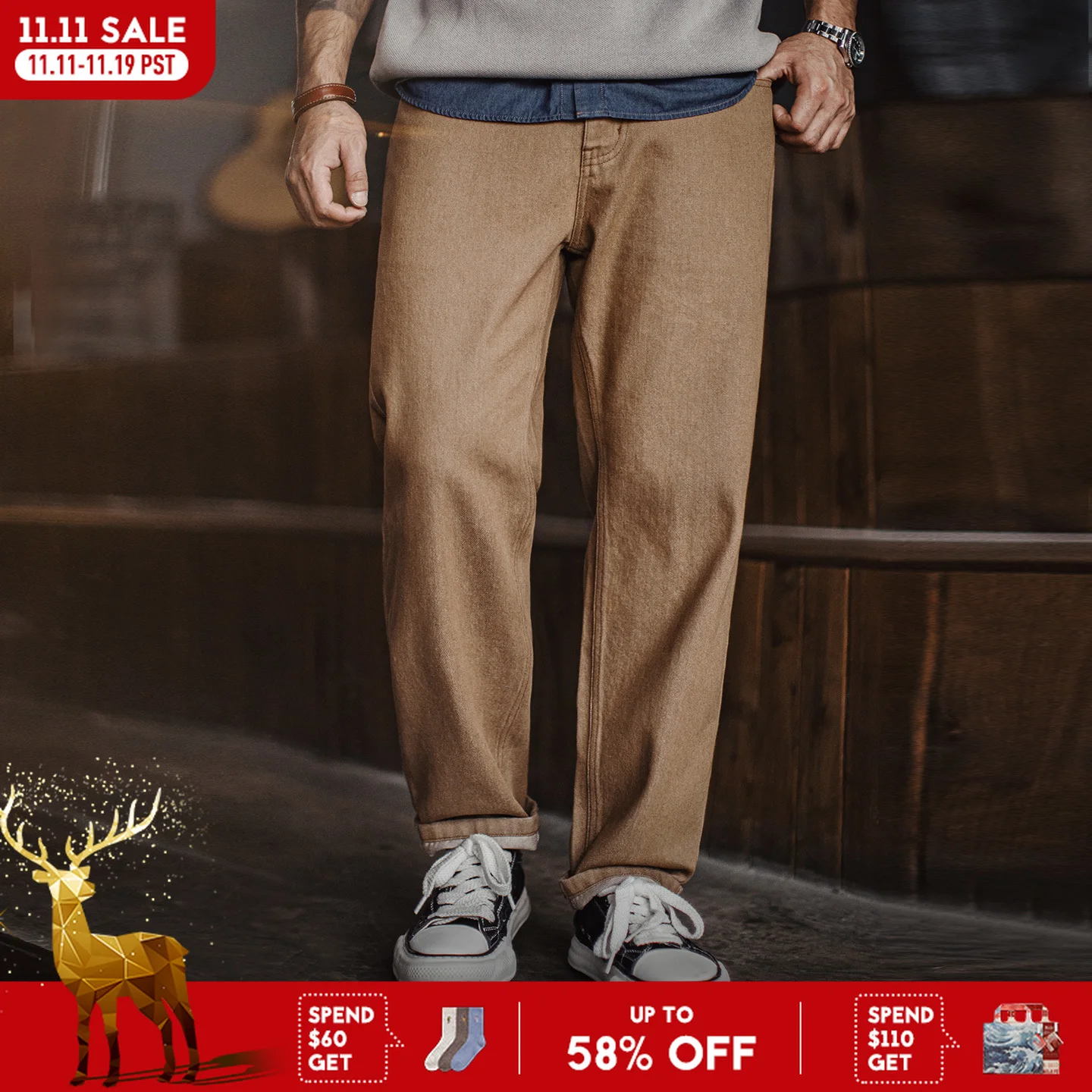 

Maden Men’s Vintage Khaki Denim Jeans Straight-leg Pants Casual Loose Fit Long Trousers Retro American Style Autumn Wear