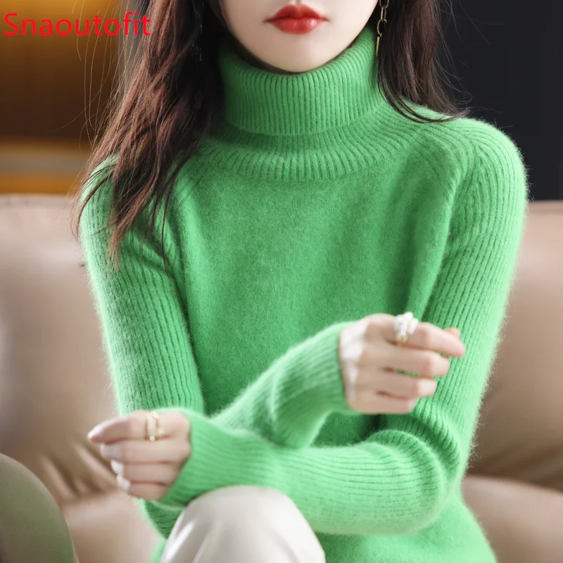 Autumn and Winter New 100% Mink Cashmere Sweater Women\'s High Lapel Slit Knitted Pullover Large Size Loose Basics Thick Warm Top