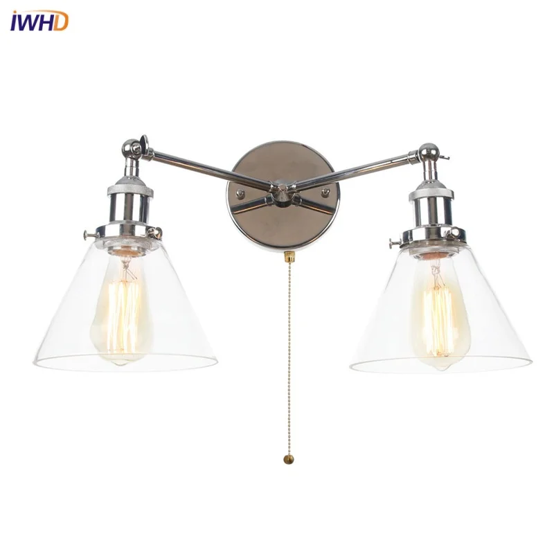 

IWHD Retro Simple LED Wall Light Fixtures Living Room Study Bar Pull Chain Switch Vintage Industrial 2 Heads Bedside Lamp Sconce